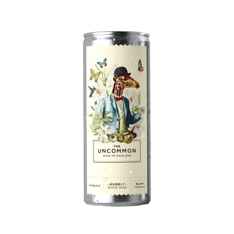 Can of 'The Uncommon' sparkling wine with a decorative label