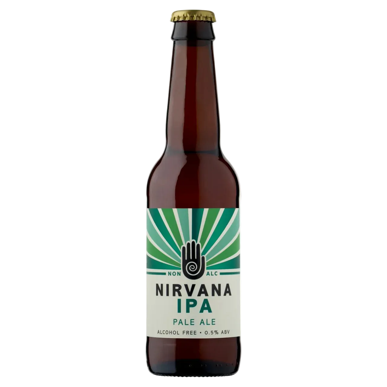 Brown bottle of Nirvana IPA Pale Ale with a green and white label on a white background