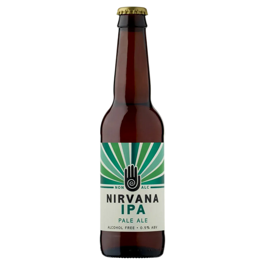 Brown bottle of Nirvana IPA Pale Ale with a green and white label on a white background