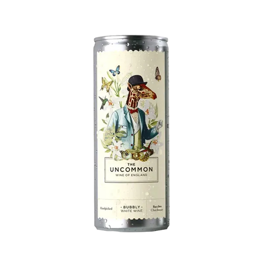 Can of 'The Uncommon' sparkling wine with a decorative label