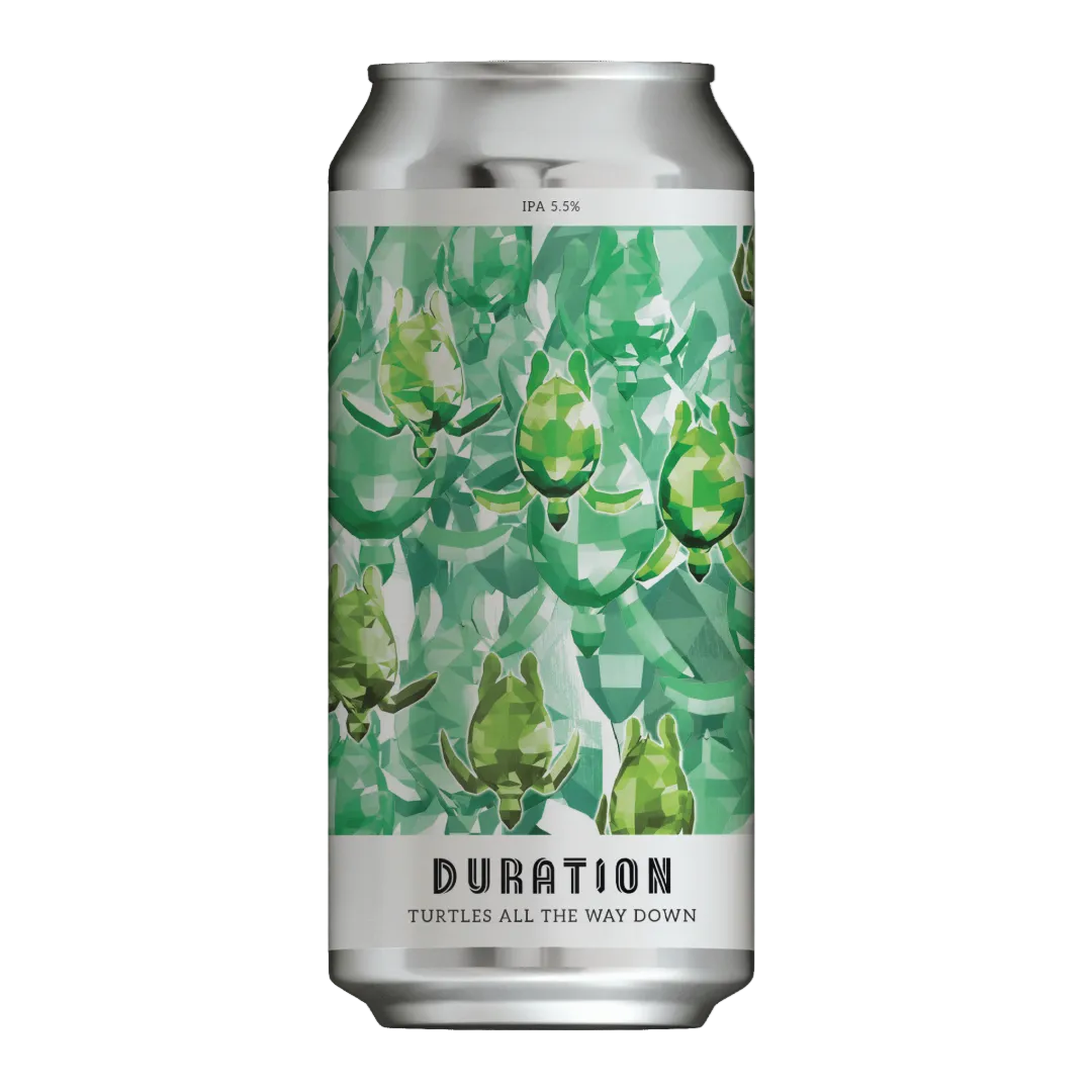 Beer can with turtle design and 'Duration' branding on a white background