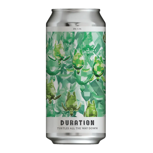 Beer can with turtle design and 'Duration' branding on a white background