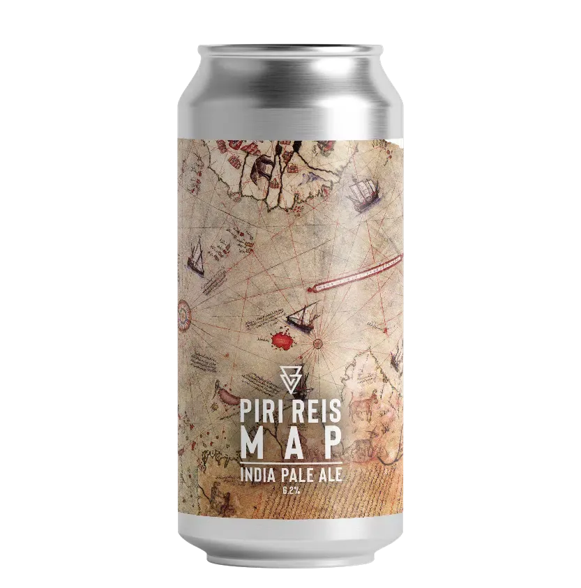 Beer can with map design and 'Piri Reis Map' branding on a white background
