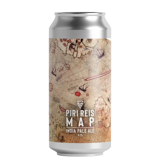 Beer can with map design and 'Piri Reis Map' branding on a white background