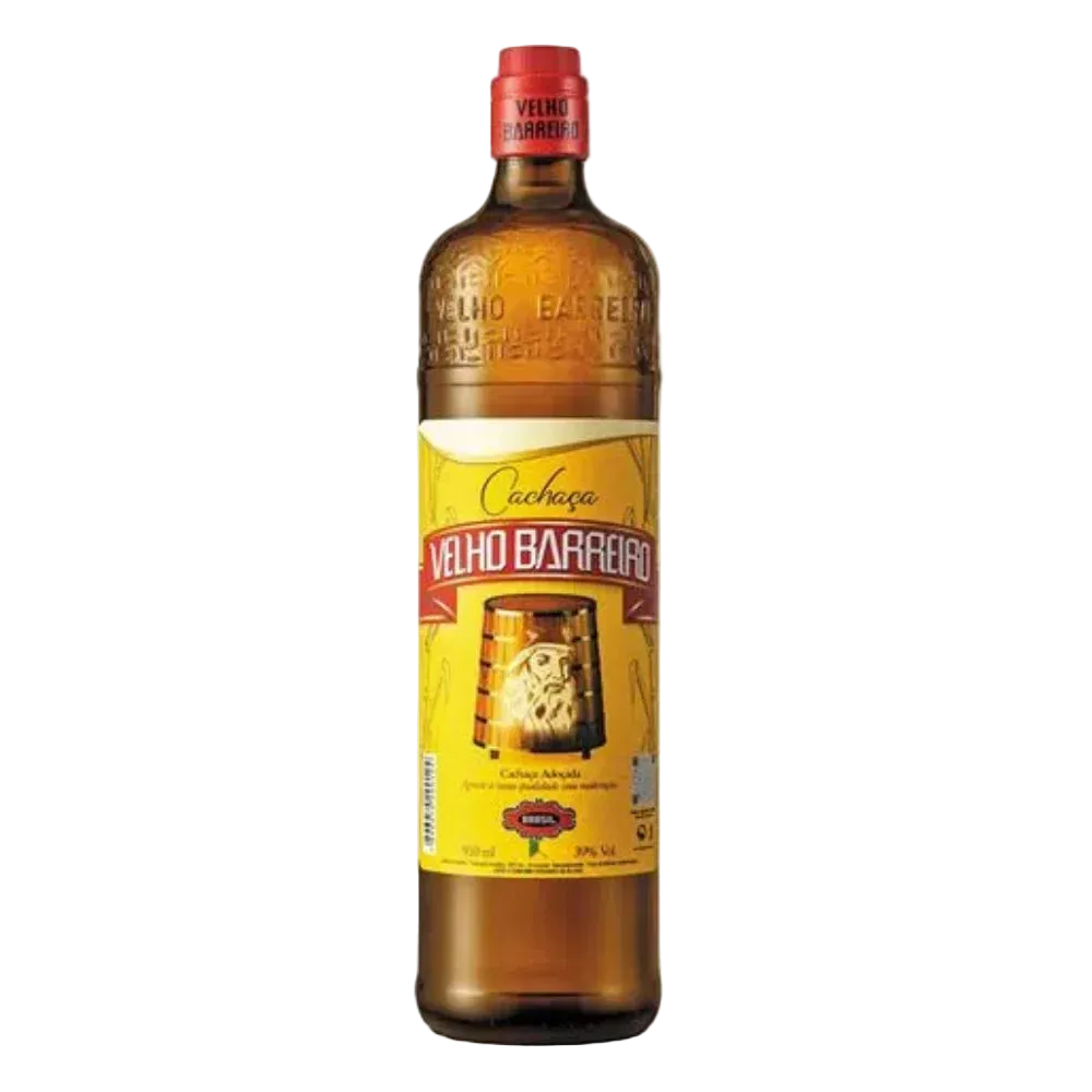 Bottle of Velho Barreiro Cachaca on a white background