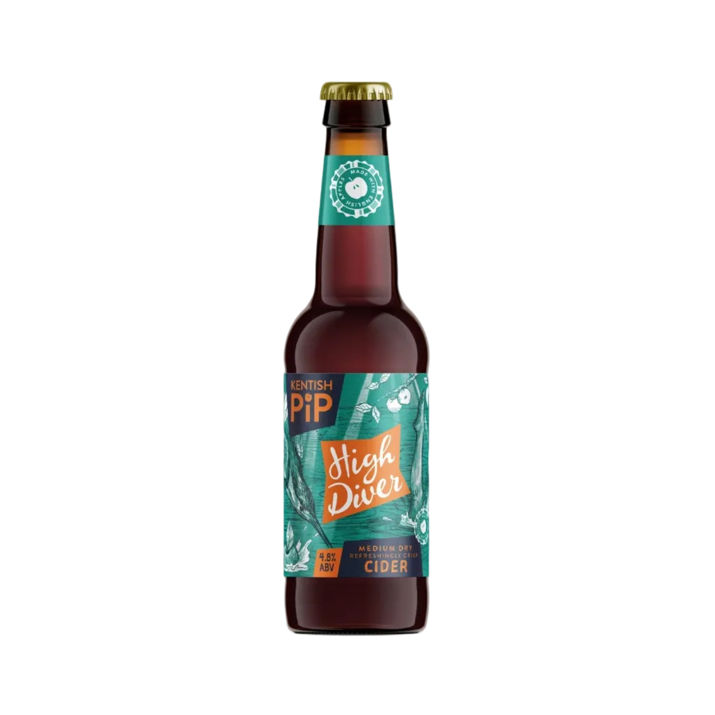 Bottle of High Diver cider with a green label on a white background