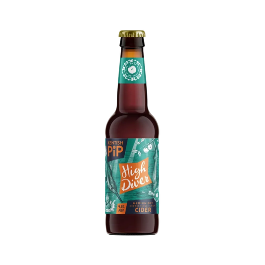 Bottle of High Diver cider with a green label on a white background