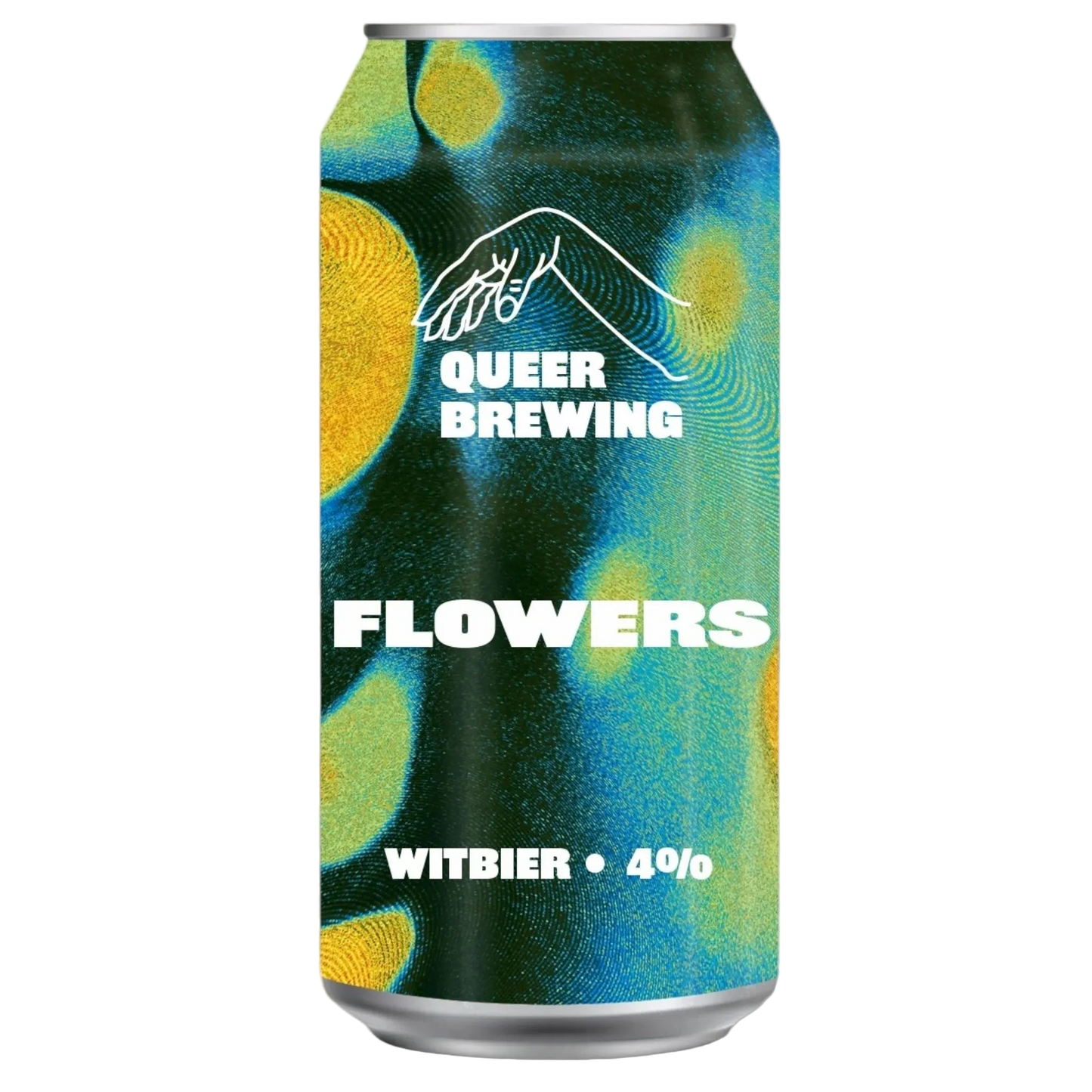 Beer can with 'Queer Brewing' branding and 'Flowers Witbier' text on a colorful background.
