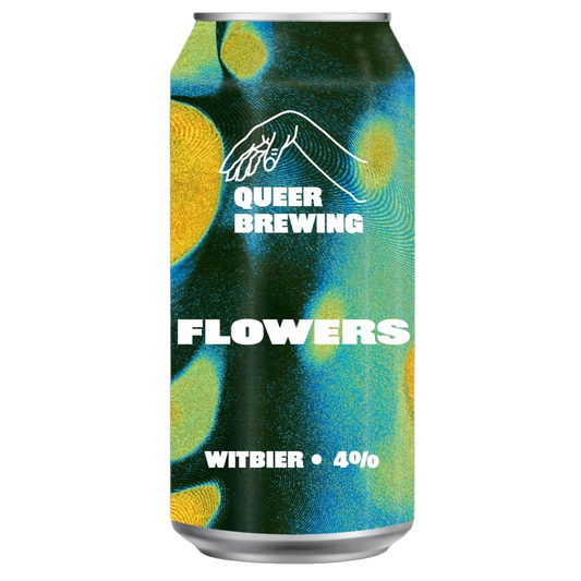 Beer can with 'Queer Brewing' branding and 'Flowers Witbier' text on a colorful background.