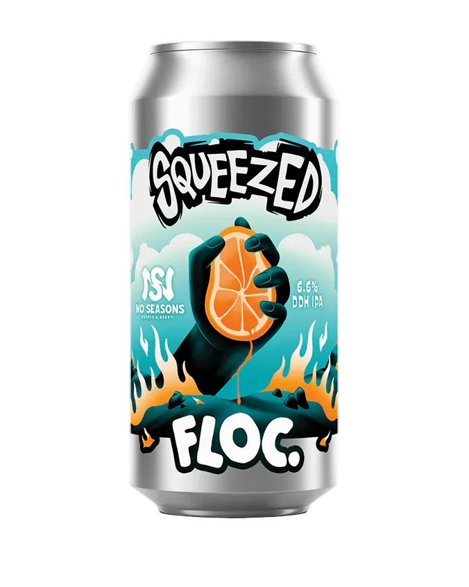 Squeezed Floc beer can with a graphic of a hand squeezing an orange