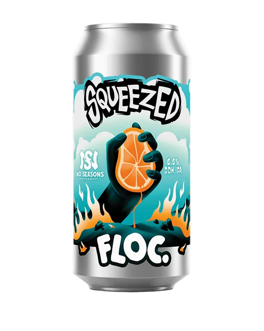 Squeezed Floc beer can with a graphic of a hand squeezing an orange