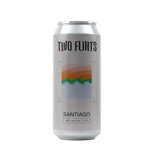 Beer can with 'Two Flints' branding on a white background