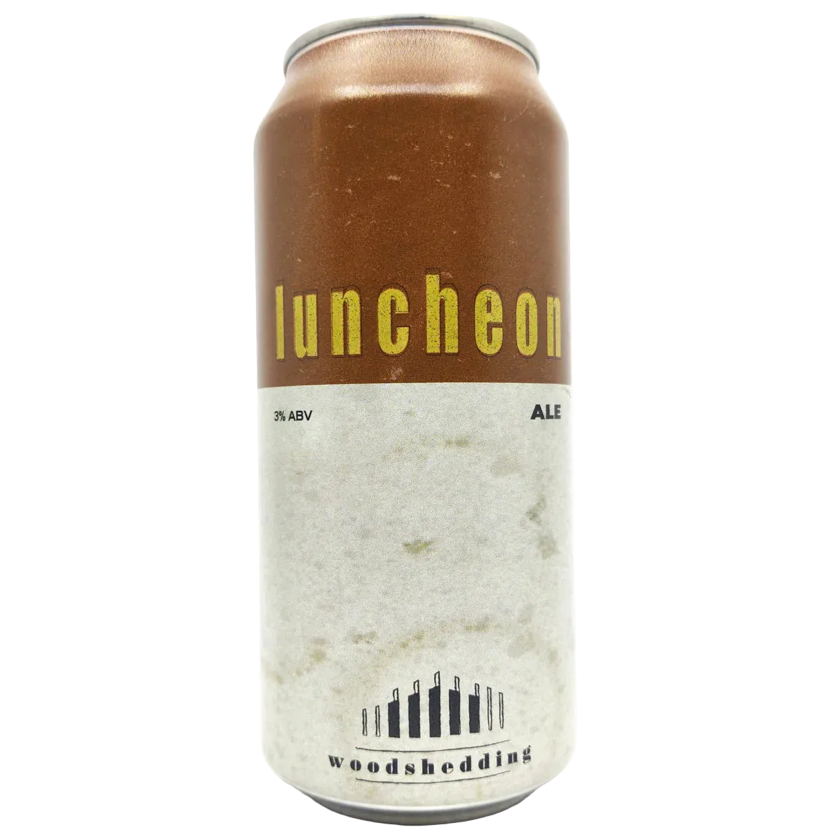 Beer can labeled 'luncheon ale' by 'woodshedding' on a white background