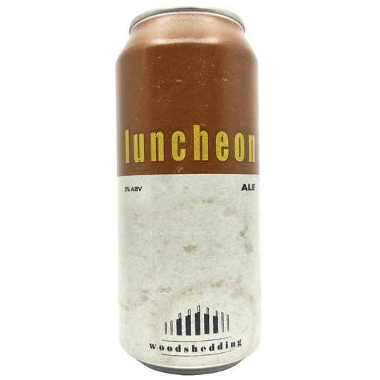 Beer can labeled 'luncheon ale' by 'woodshedding' on a white background